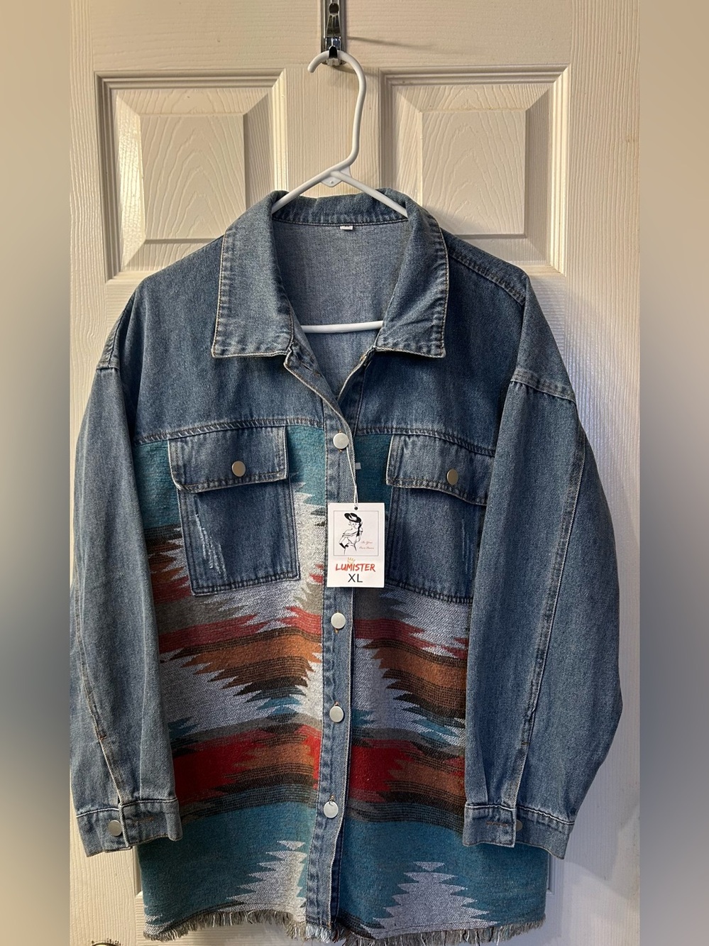 Embroidered Pattern Blue Denim Jacket - XL